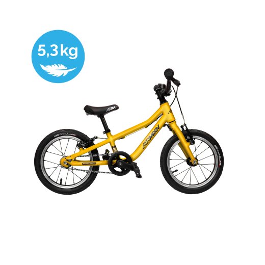 BEMOOV M14 2026 – gele kinderfiets van 14 inch, 5,3 kg, zijaanzicht